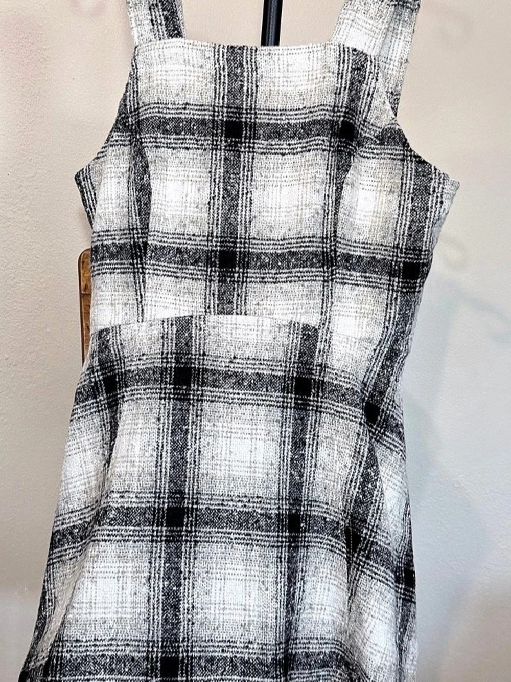 Anthropologie Black/White Plaid Tweed Sleeveless Square Neck Dress 8 w/ Shorts
